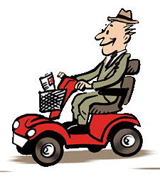 Cartoon of man riding on mobility scooter